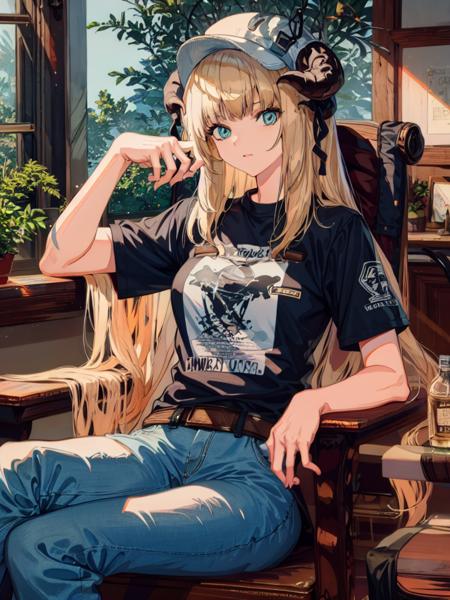 02832-2584870035-1girl,cowboy shot,sitting,chair,crossed legs, black horn,jeans,t-shirt.png